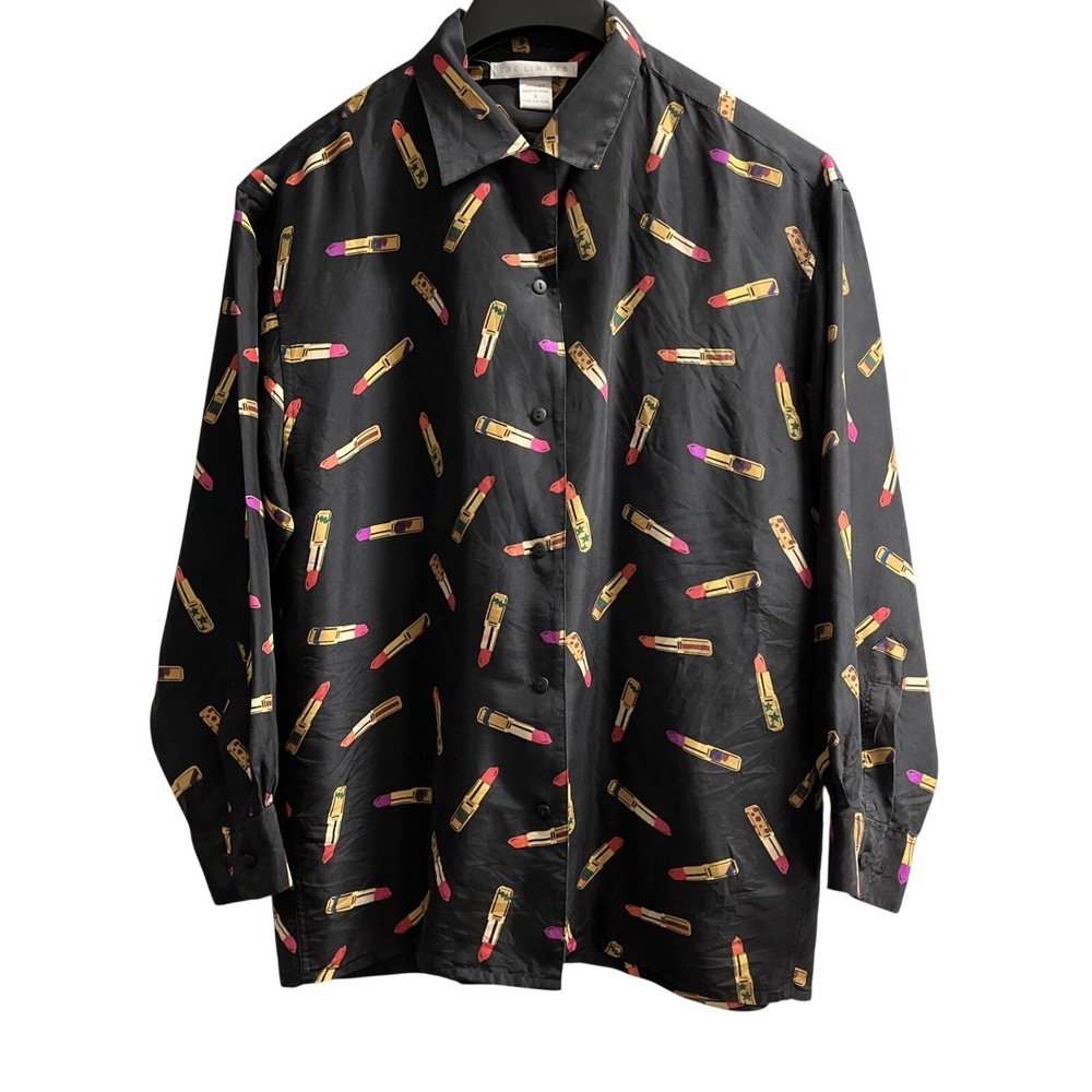 The Limited Top Black Silk Lipstick Print Button Down‎ Size S Blouse Office Chic